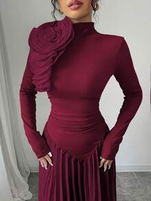 Elenzga Asymmetrical Pleated Colorblock 3D Flower Decor Elegant Women Dress Maxi Women Outfit - Burgundy - View 7