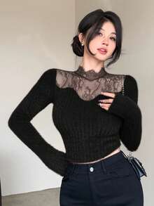 DAZY 秋冬春季修身立领优雅黑色长袖T恤，饰有磨毛蕾丝拼接，适合婚礼、派对、返校活动等场合。 - 黑色 - 查看 4