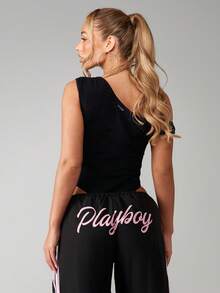 Missguided x Playboy Asymmetric Off Shoulder Bodysuit With Logo Detail One Shoulder Design Fitted Sleeveless Top For Casual Everyday Wear Spring Summer Fashion - Black - View 2