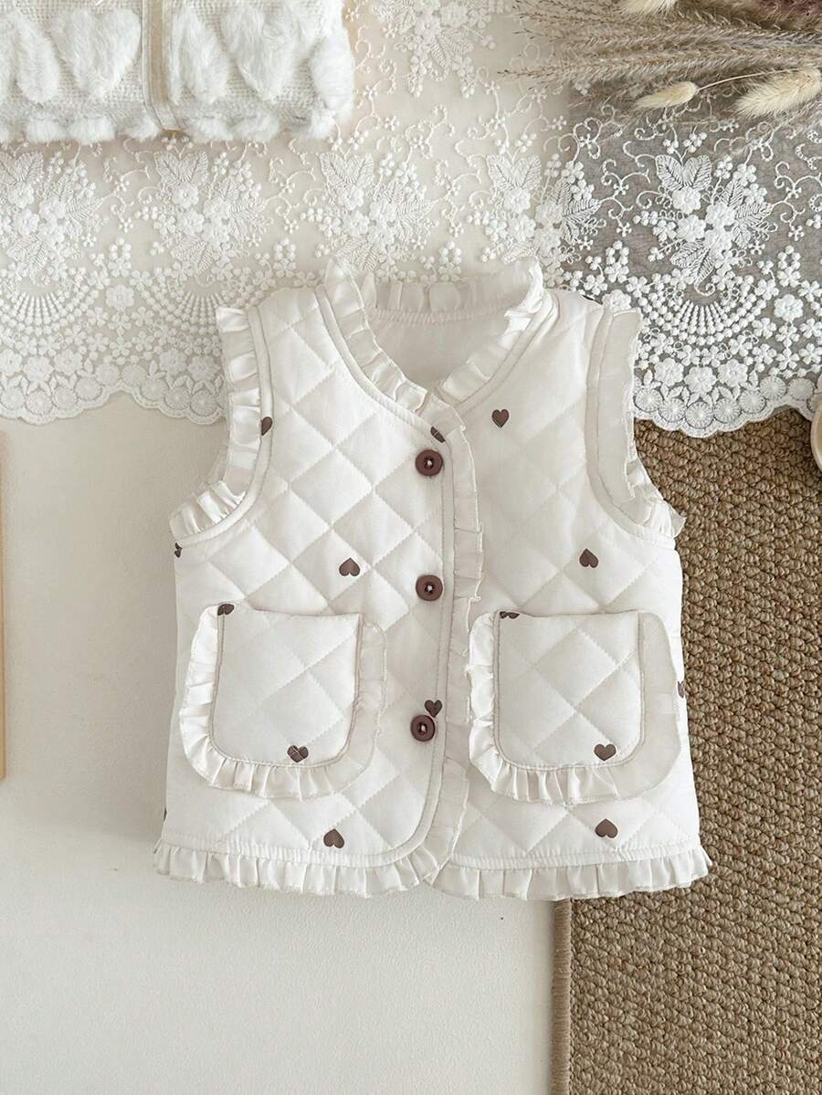 SHEIN 女婴简约爱心印花无袖背心 - 白色 - 查看 1