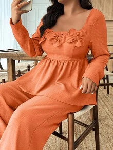 Weeklong 2pcs Plus Size Women Square Collar Ruffle Hem Floral Decor Shirt And Wide Leg Pants Set - Orange - View 7