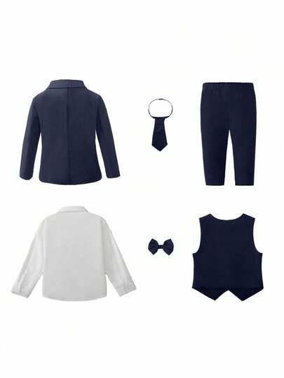 Bộ vest trang trọng 6 món dành cho bé trai, bao gồm áo sơ mi dài tay màu trắng nhạt, nơ bướm màu xanh hoàng gia, áo gile cùng màu và quần tây. Áo sơ mi trắng nhạt nổi bật một cách thanh lịch trên nền trang phục toàn màu xanh hoàng gia, tạo nên vẻ ngoài gọn gàng và thời trang, phù hợp để mặc trong các lễ hội, các dịp trang trọng. Bộ vest này thích hợp cho khách mời, bé trai làm phù rể, đám cưới, dạ hội, lễ tốt nghiệp và các dịp khác.