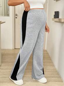 SHEIN 孕妇撞色拼接松紧腰宽松休闲运动裤 - 灰色 - 查看 3