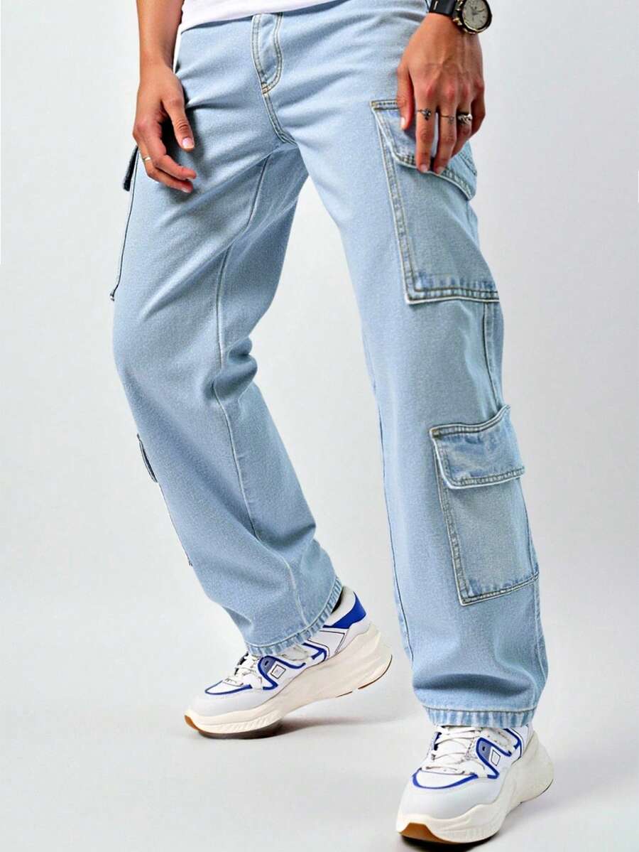 SHEIN Explorewe Quần jeans ống đứng dáng rộng màu vàng nhạt thời trang mới dành cho bé trai, quần denim ống rộng thoải mái, phong cách đường phố, đa năng, phù hợp với mọi mùa - Rửa nhẹ - Xem 1
