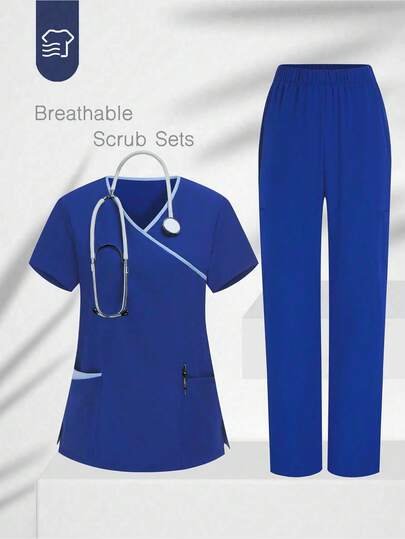 TaskEZ Solid Color Patchwork V-Neck Short Sleeve Top And Pants Scrub Uniform Set Scrub Set Scrubs For Women Set Blue Sets For Women Pant Sets Active Wear Sets