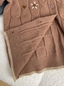 Tween Girl Casual Colorblock Embroidered Trim Cardigan, Autumn/Winter - كاكي - مشاهدة 3