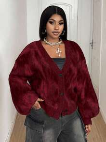 Maweii 大码女式扎染长袖单排扣宽松针织开衫，秋冬款 - 紅色 - 查看 4