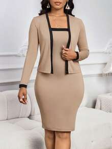 SHEIN Lady Women's Contrast Trim Long Sleeve Jacket & Dress 2 Pieces Set - Multicolor - View 3