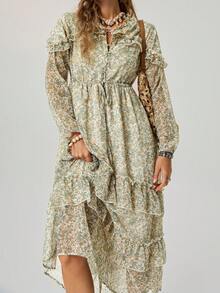 Freevana 女士度假风碎花V领连衣裙，荷叶边下摆，长袖碎花连衣裙，浪漫春日初次约会连衣裙 - 彩色 - 查看 5
