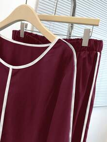 EMERY ROSE Plus Size Women's Contrast Color Trim Long Sleeve 2 Pieces Set,Burgundy Autumn Smart Casual Everyday Comfy Lounge Pajama Two Piece Set Co Ords - Burgundy - View 8