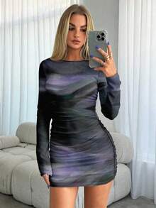 Aloruh Vestido mini ajustado con cuello redondo, manga larga, fruncido y estampado de unicolor para mujer, otoño/invierno - Rojo - Ver 4