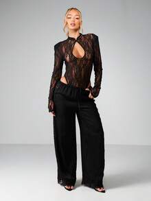 MISSGUIDED Elegante Spitzenbesatz Weite Bein Hose für Abendpartys, hochgeschnittene Palazzo Hose mit Kordelzug Detail