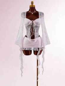 Amplova Y2K 2pcs Women Solid Color Lace Patchwork Ruffle Hem Elegant Long Sleeve Top & Bottom Set Renaissance Fair Rapunzel Sexy Blouse For Women See Through Tops White Sexy Top Lace Undershirt Long Sleeve White Mesh Top Vacation Outfits Women Y2K Valentine's Day Summer Dresses For Women Spring Break Outfits Elegant Party Dress Legant Dresses For Women - Pink - View 2