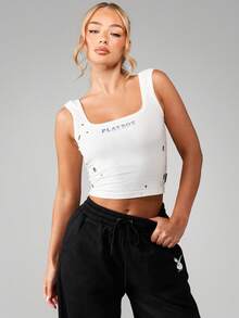 Missguided x Playboy 做旧复古背心，饰有品牌标志和零星金属孔眼，打造休闲街头风 - 白色 - 查看 1