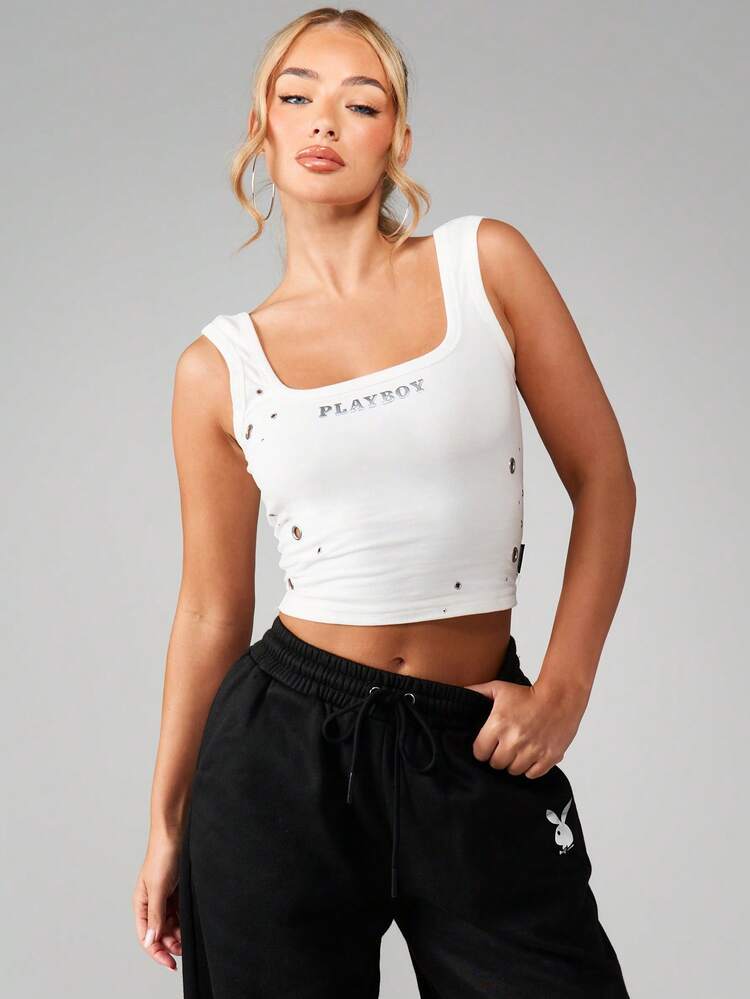 Missguided x Playboy Distressed Vintage Tank Top With Logo And Scattered Metal Eyelets For Casual Streetwear Style