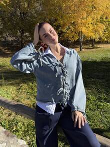 Abrilcols 女士夏季系带灯笼袖牛仔上衣、牛仔夹克、秋季女装 - 藍色 - 查看 5