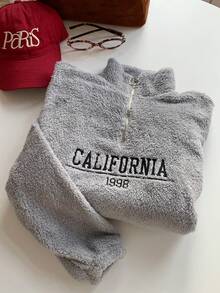 SHEIN EZwear 刺绣半拉链立领毛茸茸卫衣，带文字细节，秋冬长袖上衣