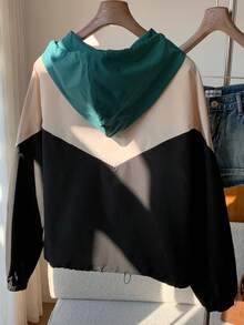 SHEIN EZwear Colorblock Zip Up Drawstring Hooded Jacket In Fall/Winter - Multicolor - View 2