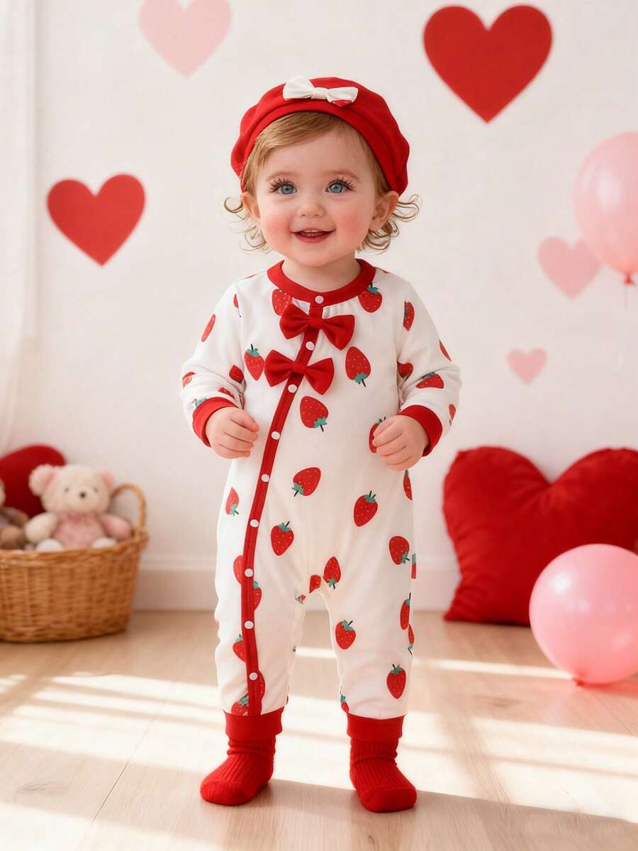 Newborn Baby Girl Clothes White And Red Strawberry Print Knit Sets,Autumn Cute Matching Family Outfits,Long-Sleeved Jumpsuit 0-6 Months 1T 2T Clothing - Multicolor - View 1