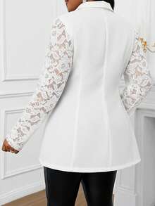 SHEIN Lady 春夏黑色优雅印花女式开衫外套，女士大衣，Pius女士夹克，秋季女装，冬季女装，金属纽扣蕾丝长袖外套 - 白色 - 查看 2