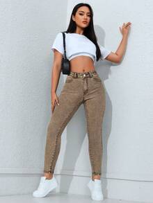 SHEIN PETITE Jeans vaqueros de mujer de corte slim con lavado casual - Marrón - Ver 5