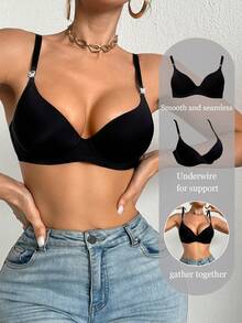DesireSculpt 1pc Thin Padded Wireless Smooth Seamless Supportive Basic Simple Bra Black Bra Push Up Push Up Bikini Top Push Up Top Top With Bra Push Up Bralette Women - Black - View 7