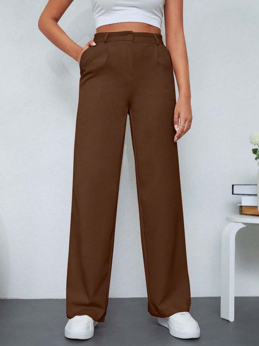 RueChic Solid Color Straight Leg Women's Suit Pants - Brown - View 1