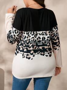 EMERY ROSE Plus Size Women V-Neck Leopard Print Long Sleeve Button Down Fitted T-Shirt - Black - View 2