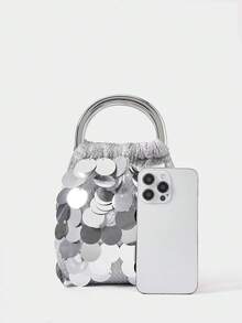 SHECARRY 女士时尚波西米亚风串珠木柄手提包 - 銀色 - 查看 3