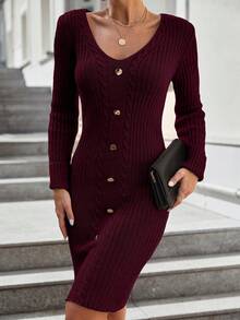 EURMUSE Women's Elegant Solid Color Fitted Knit Dress, Suitable For Commuting, Autumn/Winter Office Going Out Burgundy - Burgundy - View 7