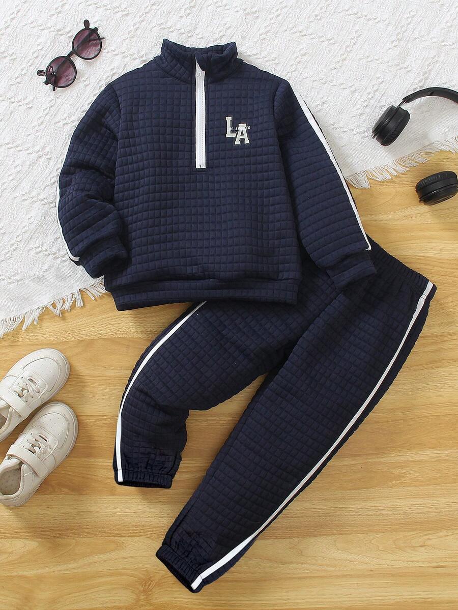 SHEIN 2pcs/Set Young Boy Casual Textured Letter Graphic Sweatshirt And Sweatpants Set, Autumn - Blue - View 1