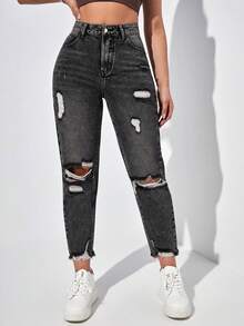 Jeanoix 女士夏季高腰破洞妈妈款牛仔裤 - 深灰色 - 查看 3