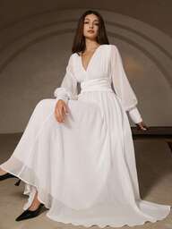 Aveloria Rosie Sukienka z długim rękawem i dekoltem w serek w stylu europejskim i amerykańskim, z satynowym paskiem, modna i uniwersalna, do pracy, rozkloszowana, jesień/zima