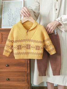 SHEIN Vintaside Kids Baby Boys Knit Sweater Set,Shawl Collar Pullover & Pants,Winter Snowflake Pattern,Brown And Yellow Polka Dot,Autumn,Modest,Matching Family,Toddler - Multicolor - View 6
