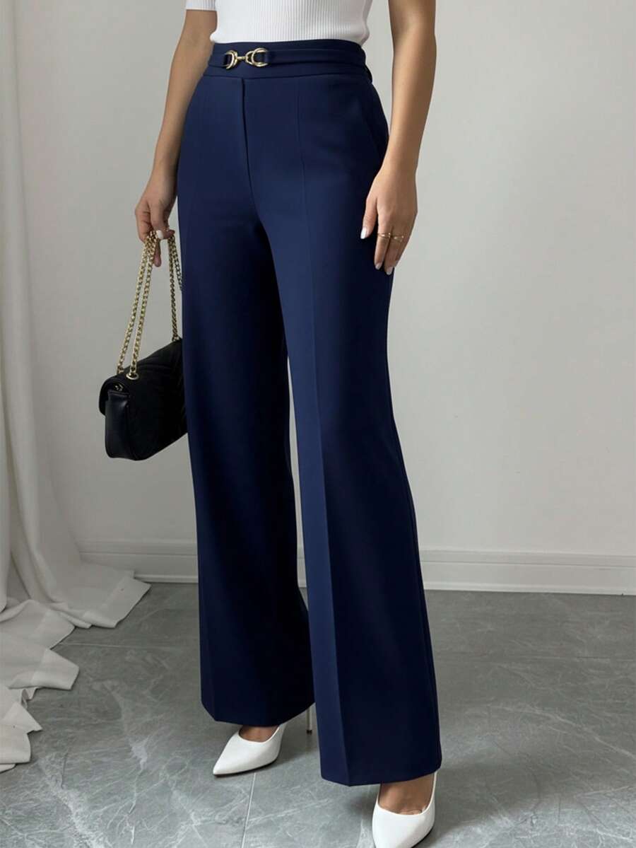 EURMUSE Women's Solid Color Minimalist Casual Pants - Navy Blue - View 1