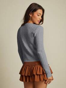 WESTFADE Mix Stitch Cable & Rib Knit Crew-Neck Button Front Cardigan Sweater Fall Autumn For Women Country Concert - Light Grey - View 5