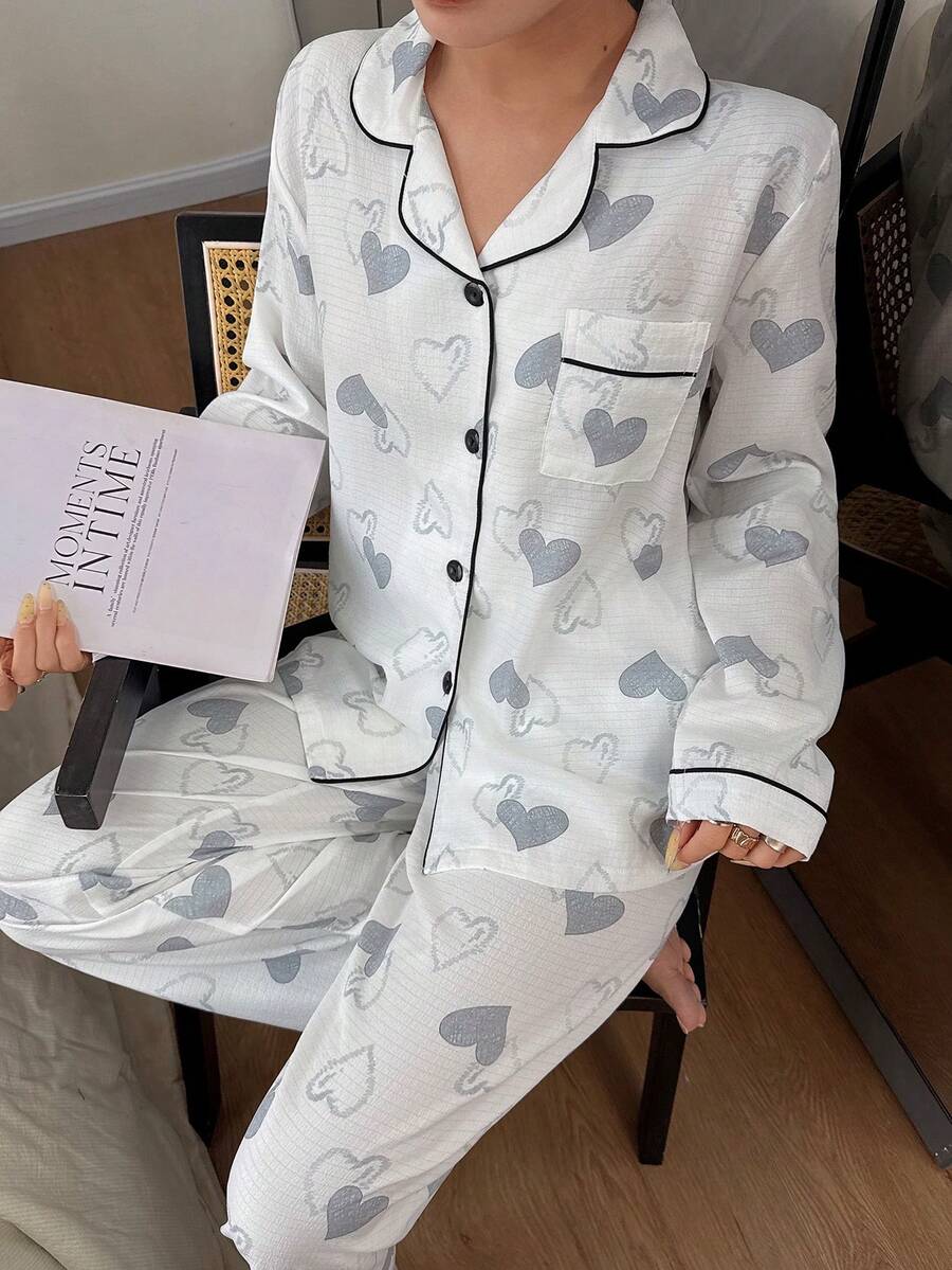 SHEIN 泡泡褶皱爱心印花长袖长裤女士睡衣套装 - 白色 - 查看 1