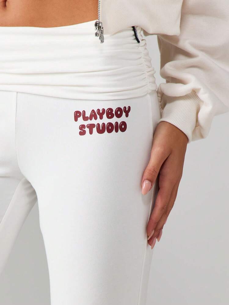 Missguided x Playboy Fold Over Waist Flare Branded Joggers For Women Casual High Rise Wide Leg Pants