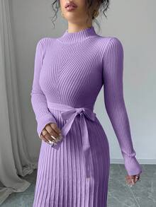 Rafferiza 女士纯色简约长袖宽松连衣裙 - 淡紫色 - 查看 5
