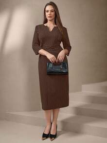 Chikora Plus Size Women's Mid-Length Notched Neck Dress,Black And White,Autumn,Elegant,Formal,3/4 Sleeve Vertical Stripe Pencil Skirt,Office Minimalist Dress - Coffee Brown - View 7