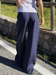 Abrilcols Pantalones elegantes con pernera acampanada y decoración de bolsillo en la cintura para mujer - Azul Marino - Ver 2