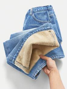 SHEIN 少女基础款灰色牛仔保暖内衬宽松牛仔裤，秋冬季保暖休闲高腰阔腿牛仔裤，百搭Y2K风格，适合教师、返校、教堂穿着、商务休闲女孩、工装牛仔裤连衣裙、秋冬季宽松裤、高腰长款阔腿牛仔裤、街头风、冬季裤装、羊羔绒牛仔裤、保暖牛仔裤 - 中等水洗藍 - 查看 3