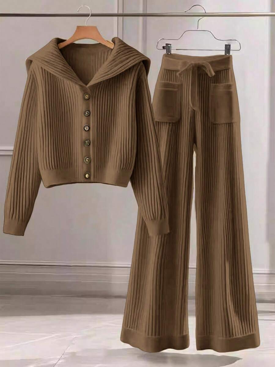 Franclia Bộ 2 áo len dệt kim trơn màu thường ngày cho nữ, áo khoác cardigan cài nút cổ bẻ và quần dệt kim có túi nơ phía trước - màu nâu - Xem 1