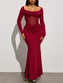 INAWLY 女士纯色性感透视网纱拼接镂空蝴蝶结装饰露背派对长款美人鱼连衣裙 - 酒紅色 - 查看 5