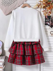 SHEIN Explorewe Teen Girl Round Neck 3D Bow Sweatshirt And Plaid Skirt Casual School Girl Outfit - Red - View 2