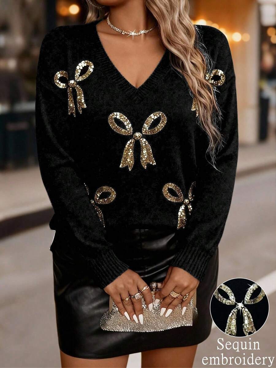 Auvina Maglione taglia comoda a tinta unita con scollo a V, fiocco e ricamo con paillettes, maglione casual ed elegante adatto per Natale, ritorno a scuola, vacanze romantiche, abbigliamento da ufficio