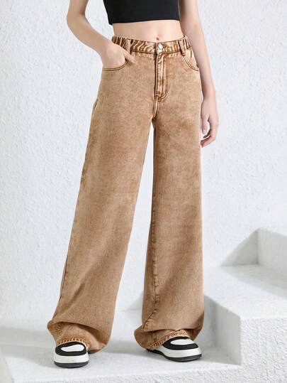 SHEIN Teen Girl All-Match Casual Versatile Stone Wash Elastic Waist Wide Leg Jeans
