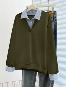 Franclia Sweatshirt Wanita Kasual Bergaris dengan Motif Patchwork dan Bahu Longgar, Musim Gugur - Hijau Tentara - View 7