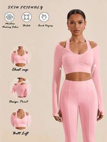 VARSIVA Solid Color Hollow Out Long Sleeve Cropped Ruched Casual Comfortable Sports Tank Top - Pink - View 3