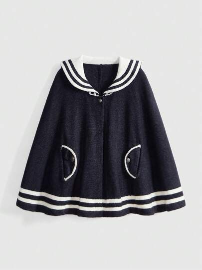 Kawaii Cute Loose Short A-Line Knitted Cardigan Cape, Navy Style